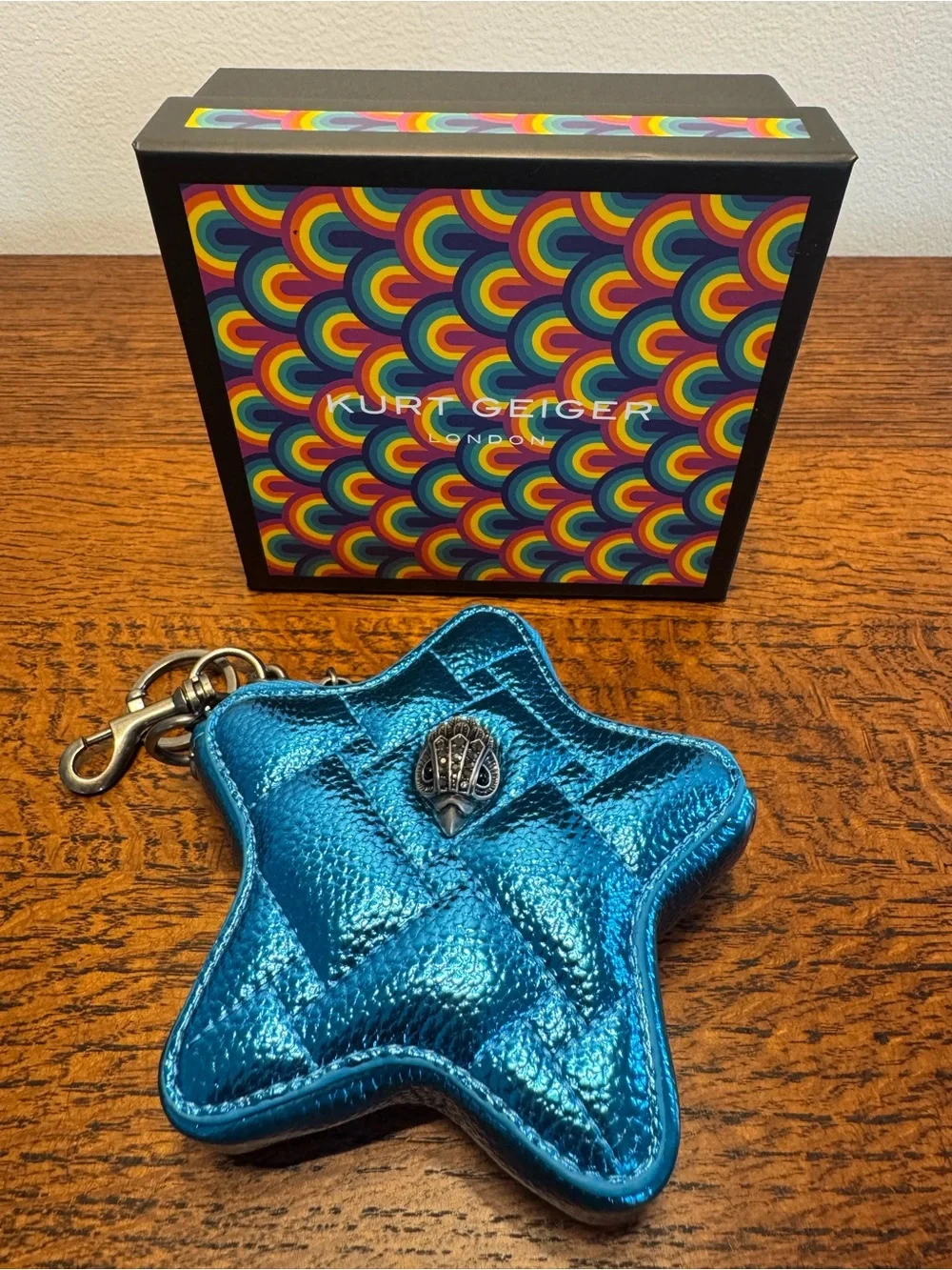 NWOT Kurt Geiger Metallic Blue Quilted Star Bag Charm/Pouch